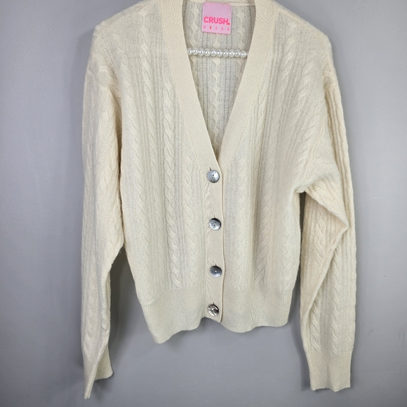 Crush Womens Cashmere Cream Ivory Cable Knit Soft Luxury Cardigan Sweater Top SM - Picture 13 of 14